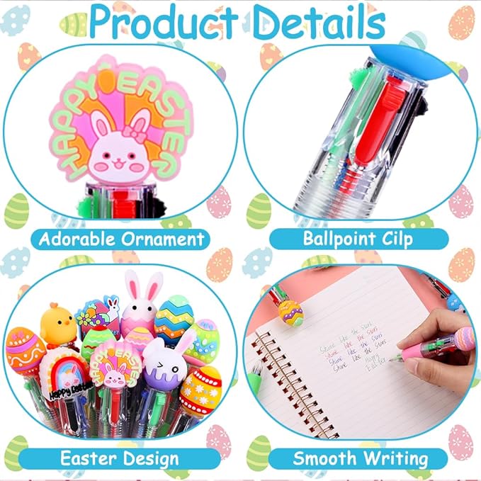 24PCS Easter Fun Pens Cute Multicolor Ballpoint Pens 4 Colors in 1 Kawaii Bunny Easter Egg Chicken Rainbows Gnome for Easter Basket Stuffers Party Favors Supplies Rewards Holiday Gifts