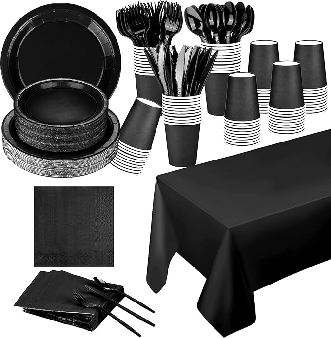 TWOWYHI 229PCS Black Party Supplies Set Paper Disposable Plates Cups Plastic Spoons Forks Knives Black Napkins for 30 Guests Disposable Party Dinnerware Sets for Wedding Birthday Parties