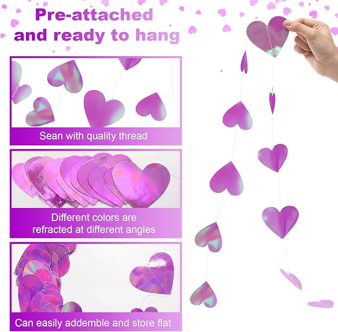 10 Pack 130ft Iridescent Purple Holographic Heart Party Garland Asymmetrical Love Hanging Banners for Birthday Baby Bridal Shower Wedding Engagement Bachelorette Graduation Decorations