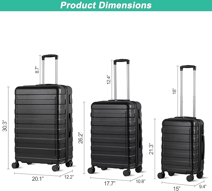LEMY Luggage Set 3 Piece Hardside with TSA Lock,Expandable Spinner Wheel Suitcases,Lightweight Durable Hardshell Travel Luggage with 8 Wheels for Carry On and Checked(21,26,30Inch),Black