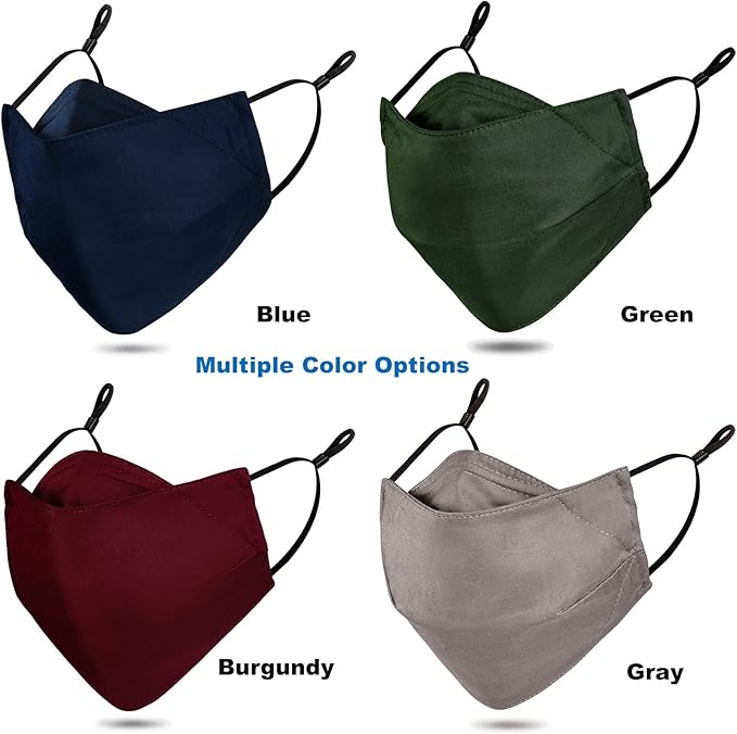 3-Ply Cloth Face Mask Reusable Washable, Organic Cotton Face Masks Nose Wire Filter Pocket Adjustable Ear Loops, Pack of 3 No Fog/Dust for Unisex Adult (1 Blue+1 Burgundy+1 Gray)