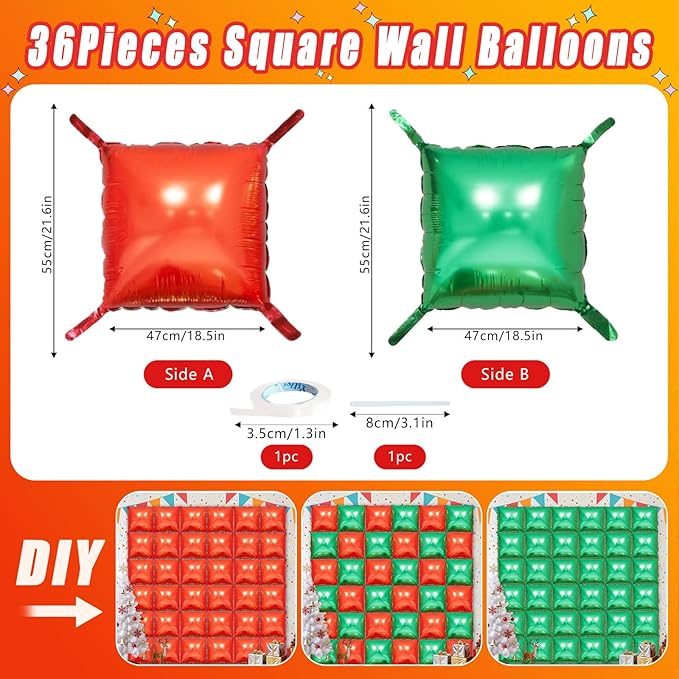 36 Piece XL Red Square Balloon Wall Screen Double Sided Square Balloon Screen Tunnel Arch Kit Mylar Square Balloons For Baby Shower Graduation Prom Birthday Party Decorations