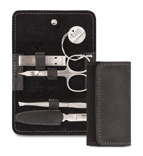 nippes Solingen Premium Line Tabard Manicure Set, 4 Pieces, Black, Stainless Steel, Nickel and Rustproof, Cowhide Nail Case, Nail Care Set, Made in Germany