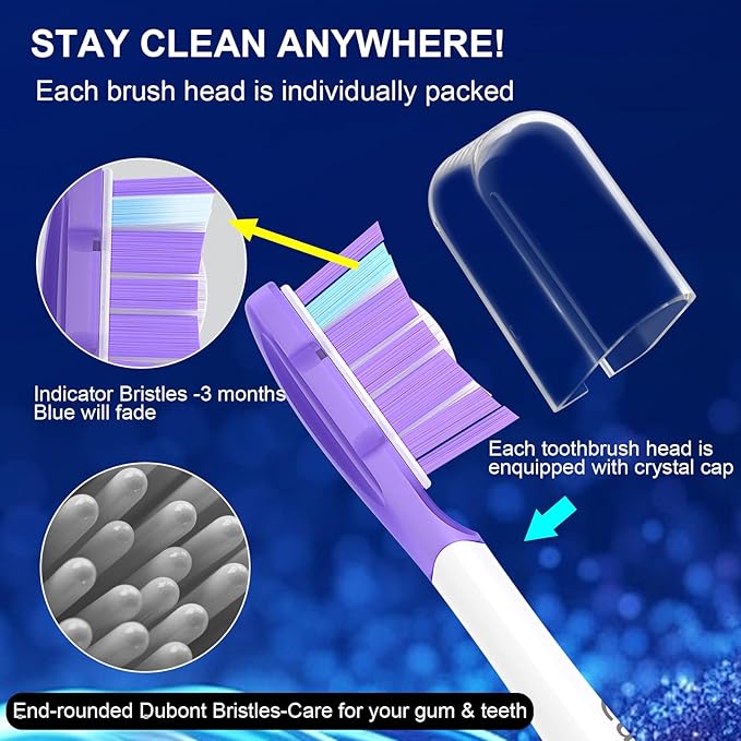 Cavzru 10Pack Replacement Toothbrush Heads for Philips Sonicare Electric Toothbrush,Real Dupont Bristles for Sonicare A3 G3 W3 C3 C2 Brush Head,Purple+Blue