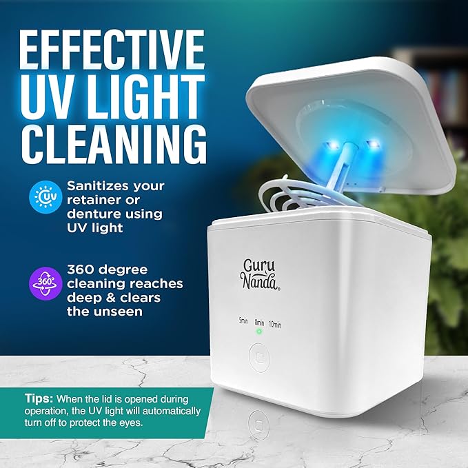 GuruNanda Retainer & Aligner Cleaning Pod for Retainers, Dentures, Mouthguards, Aligners, & Jewelry, 3 Modes, 45kHz Ultrasonic Retainer Cleaner, 190 ml capacity