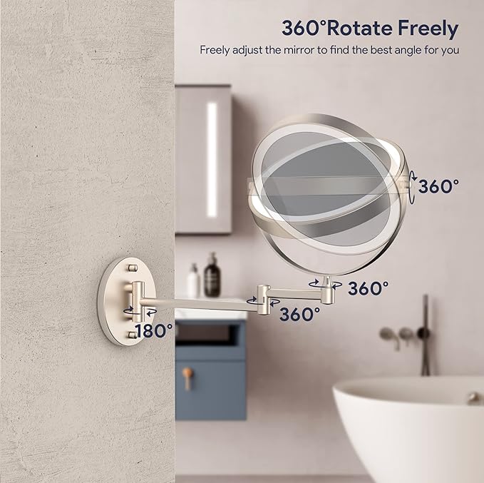 Rocollos 9" Wall Mounted Lighted Makeup Mirror, Large Double Sided 1X/10X Magnifying Mirror, 3 Color LED Vanity Mirror, Touch Dimmable 360° Swivel Light Up for Bathroom