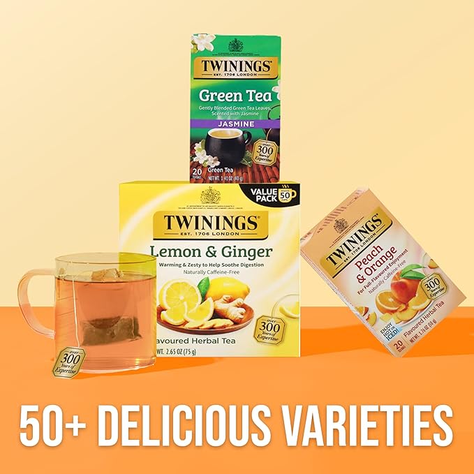 Twinings Peach & Orange Herbal Tea Individually Wrapped Bags, 20 Count (Pack of 1), Juicy & Fruity, Naturally Caffeine-Free, Enjoy Hot or Iced, 20 Teabags