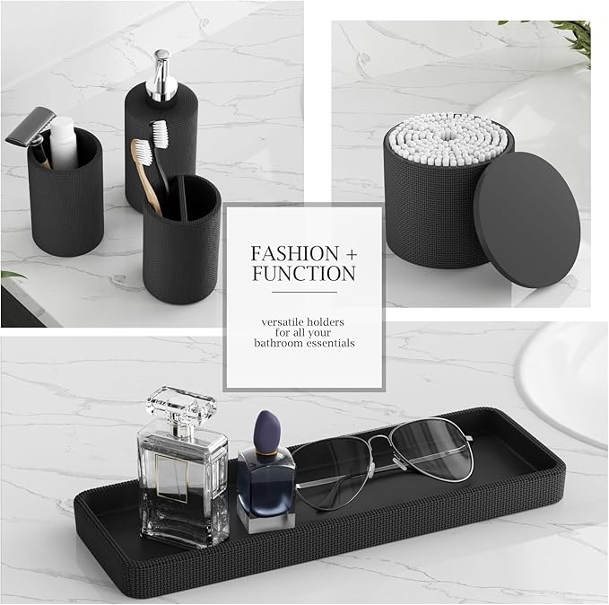 6-Piece Black Bathroom Set - Mesh Textured Resin Bathroom Accessories Set with Soap Dispenser, Toothbrush Holder, Cup, Vanity Tray & Apothecary Jars for Small Spaces