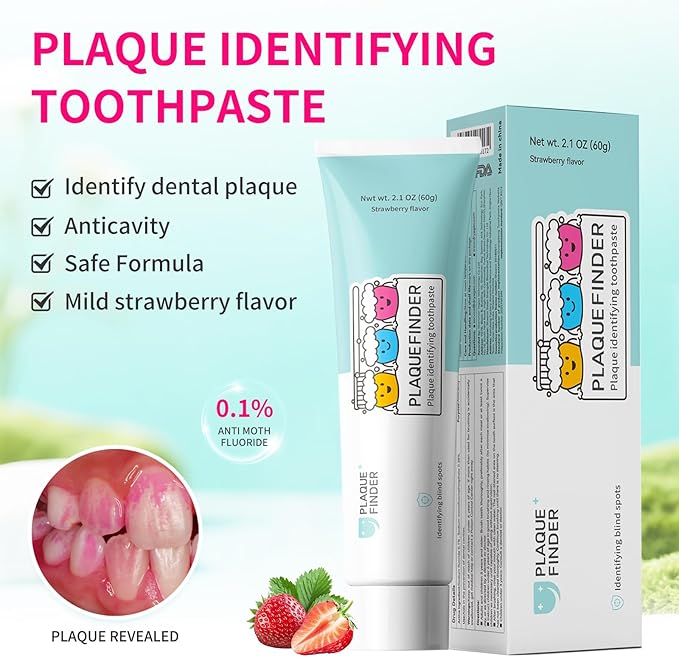 Plaque Disclosing Toothpaste for Kids & Adults, Strawberry Flavor with Fluoride, Fun Oral Health Learning Tool for Ages 3+, See & Clean Plaque in One Step, 2.1 oz
