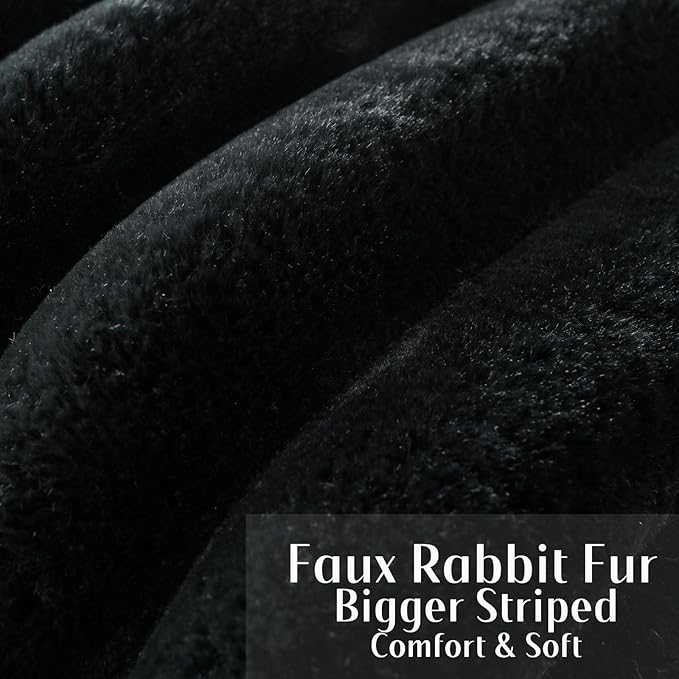 FUTEI Black Decorative Throw Pillow Covers 12x20 Inch Set of 2, Square Soft Faux Rabbit Fur Thick Striped Lumbar Pillow Case,Winter Home Decor for Couch Bed Living Room