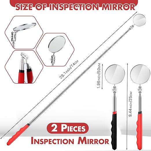 2 Pcs Telescoping Inspection Mirrors, Mechanics Mirror Tool with Long Handle, Round Extendable Mirror on a Stick for Technicians Mechanics Contractors Checking Observation(50mm,Black,Red)