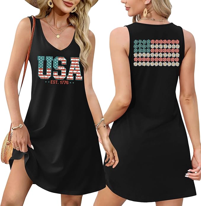 LHBNK 4th of July Dress for Women: American Flag Tank Dresses Star Striped Splicing Loose V Neck Sundresses
