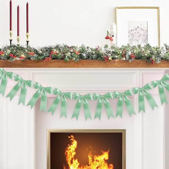 Pre-Strung Extra Large Bow Garland Decorations Jumbo Reusable Bow Banner with 12 Colors Options for Bachelorette Parties Bridal Showers Birthdays Baby Showers & Valentine’s Day (Sage Green)