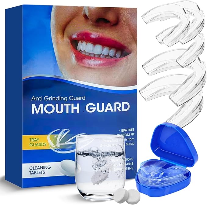 Two Sizes,4 Pack Mouth Guard for Grinding Teeth at Night,Moldable Dental Guard for Sleeping,Nighttime Protection for Teeth with 12 Cleaning Tablets