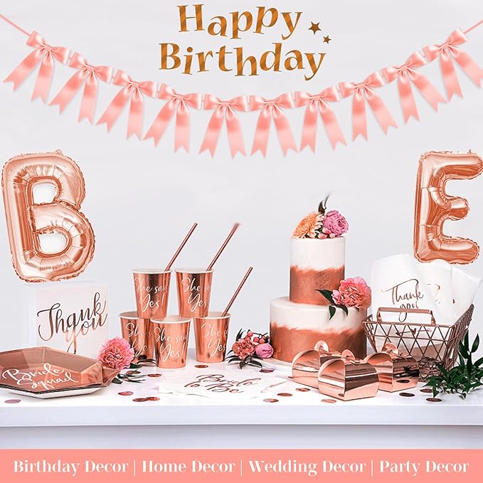 Rose Gold Bow Garland Bow Banner Bow Party Decorations Pre-Strung Large Coquette Satin Ribbon for Birthday Bachelorette Party Bridal Shower Wedding Engagement Baby Shower