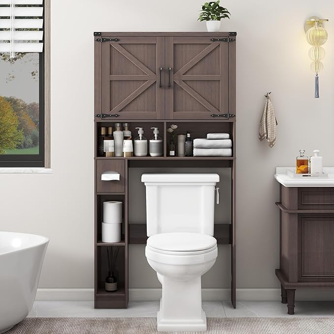 Vabches Over The Toilet Storage Cabinet, Farmhouse Storage Cabinet Over Toilet with 2 Barn Doors && Toilet Paper Holder Stand，Home Space-Saving Toilet Rack, for Laundry, Restroom, Bathroom.(Espresso)