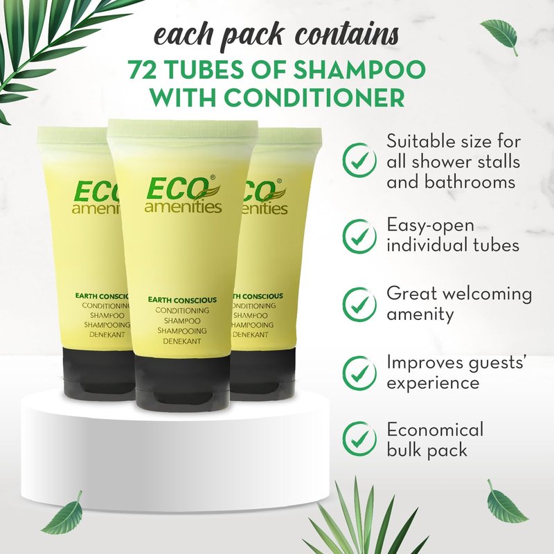ECO Amenities Travel Shampoo & Conditioner - 72-Pack, 0.75 fl oz 2-in-1 Flip-Cap Tubes - Green Tea Scent - Hotel Shampoo Bulk - Travel Toiletry Set