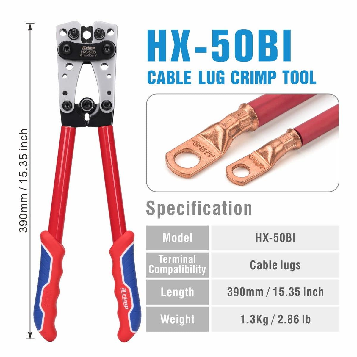 iCrimp Battery Cable Lug Crimping Tool for 8, 6, 4, 2, 1, 1/0 AWG Heavy Duty Wire Lugs, Battery Terminal, Copper Lugs with Wire Shear Cutter