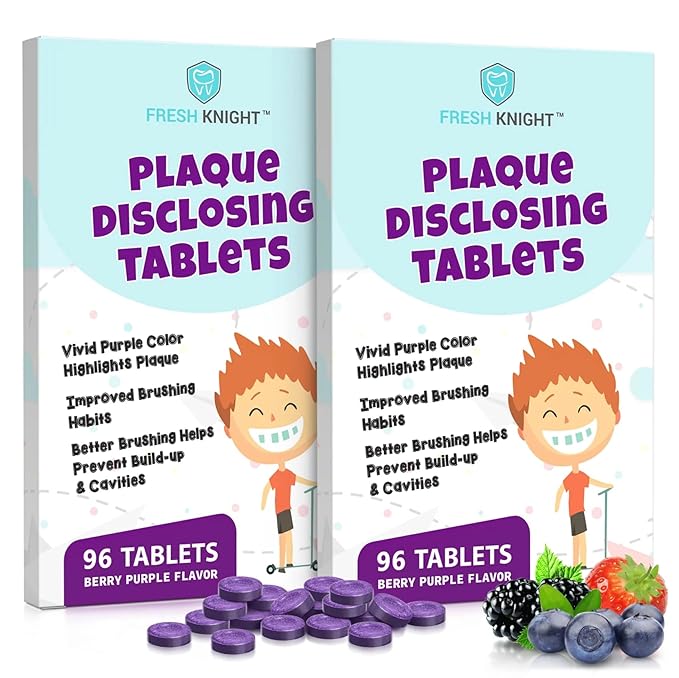 Plaque Disclosing Tablets for Teeth, 96 Count, Dental Disclosing Tablets for Kids or Adults, Shows Plaque, Helps Teach Kids Teeth-Brushing Habits for Clean Smile, by Fresh Knight, (Pack of 2)