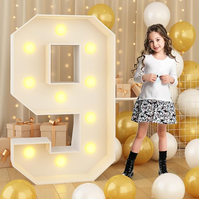 Marquee 4ft Numbers with Light up Number 9 White Mosaic Frame Slots-in Letter 9 for 9th Birthday Party Decorations Pre-Cut Cardboard Large Giant Cut-Out Thick Foam Board Sign Anniversary