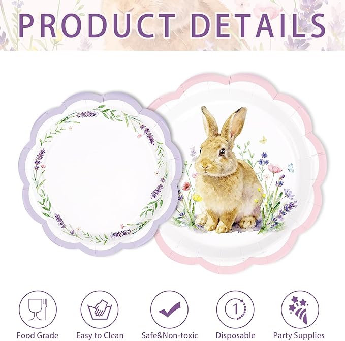 250Pcs Easter Bunny Party Decorations Scalloped Watercolor Bunny Floral Plates Napkins Cups Disposable Cute Rabbit Flowers Tableware Set for Easter Spring Holiday Party Supplies Serves 50