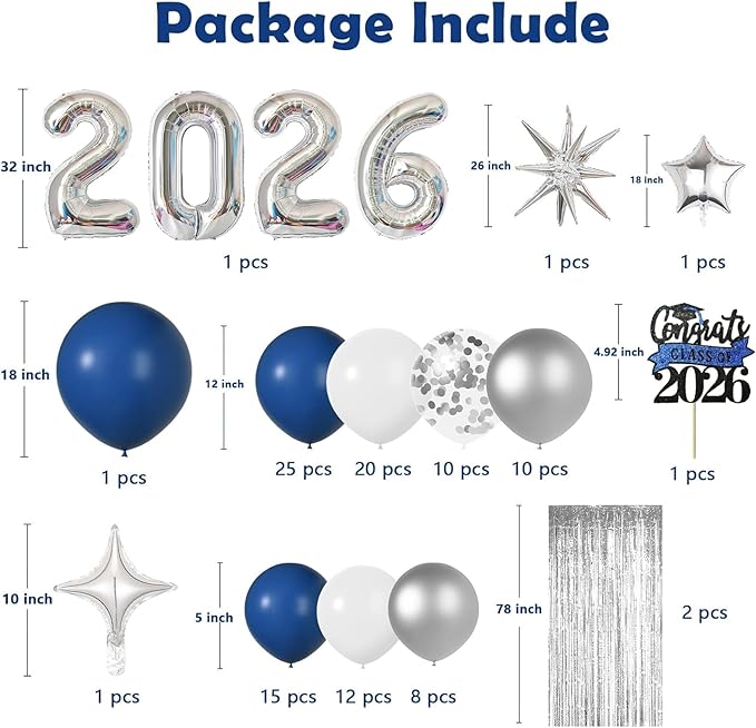 Graduation Balloon Garland Arch Kit for Graduation Decorations Class of 2026 - Navy Blue White and Silver Balloons Different Sizes 5 12 18 Inch Graduation Balloons Arch for Grad Party Supplies