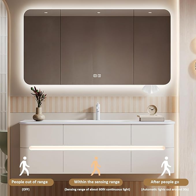 60IN Bathroom Vanity - Bathroom Vanity with Sink with Intelligent Induction Light | Wall-Mounted Bathroom Vanity with Intelligent LED Mirror Cabinet & 6 Drawers, Cream Color