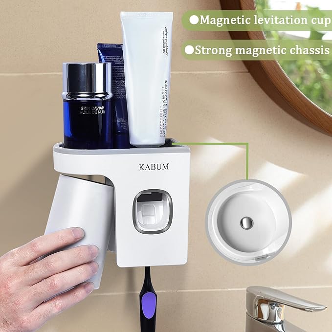 KABUM Toothbrush Holders for Bathrooms Toothpaste Dispenser - Cup Automatic Toothpaste Squeezer Wall Mounted, Toothbrush and Toothpaste Holder, Grey