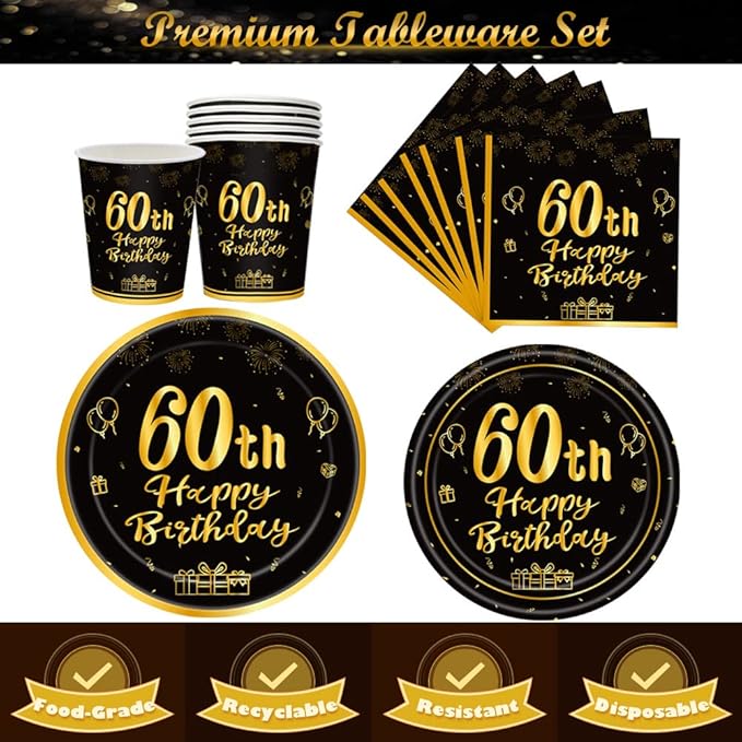 120Pcs 60th Birthday Party Supplies Plates Napkins Cups Forks Tableware Set Gold Black Happy 60th Birthday Themed Disposable Tableware Decoration Serves 24 Guests for Men Women 60 Years Old