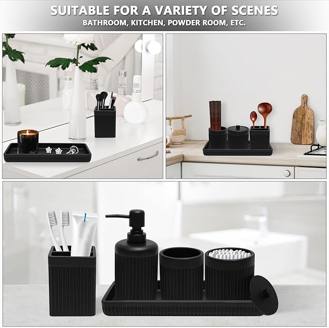 Resin Matte Black Bathroom Accessories Set 5 Pcs, Lotion Soap Dispenser, Toothbrush Holder, Bathroom Tumbler, Qtip Holder and Vanity Tray, Bathroom Countertop Organizer Set for Home Apartment