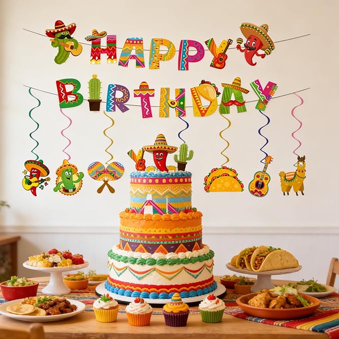Mexican Fiesta Birthday Decorations, Colorful Mexican Banner Cinco De Mayo Garlands Hanging Swirls Decor for Mexico Carnival Taco Birthday Party Supplies (Fiesta)