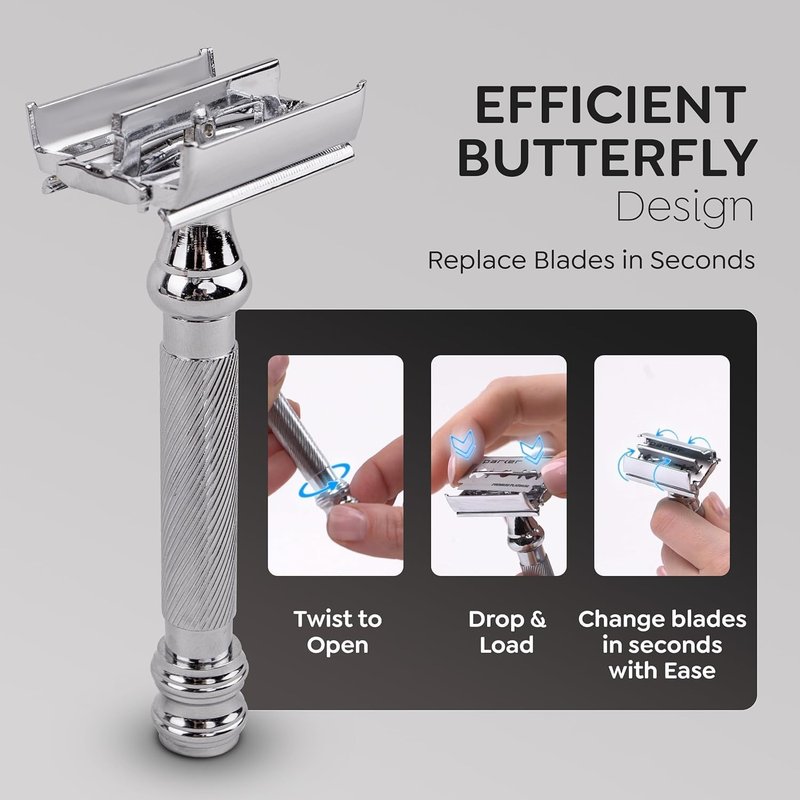 Parker 99R Chrome Long Handle Heavyweight Butterfly Open Double Edge Safety Razor for Men | 5 Parker Premium Platinum Double Edge Razor Blades Included | Iconic Brand