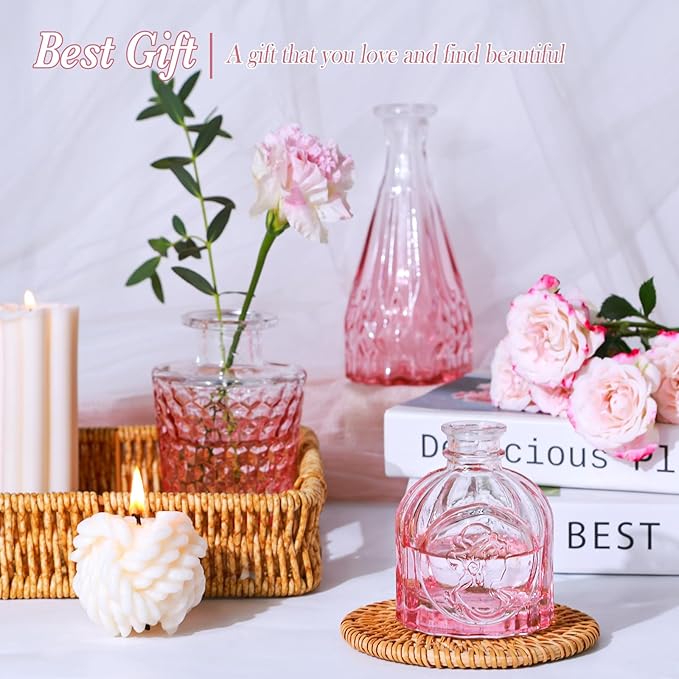 Pink Glass Bud Vases Set of 5, Mini Flower Vase for Centerpieces, Small Clear Vases in Bulk for Wedding Decorations, Vintage Vase for Table, Home Décor