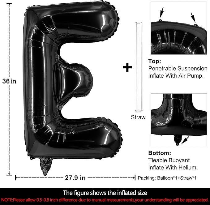 Lovoir 40 Inch Large Black Letter E Balloons Big Size Jumbo Mylar Foil Helium Balloon for Birthday Party Celebration Decorations Alphabet Black E