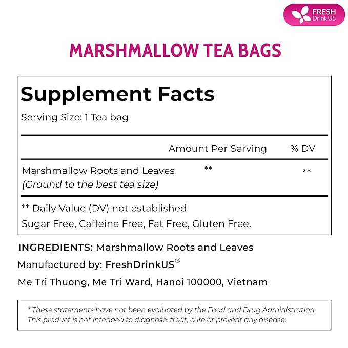 FreshDrinkUS, Premium 75 Marshmallow Root and Leaf Tea Bags, 100% Natural & Pure. Loose Leaf Marshmallow Herbal Tea. Made with Eco-Conscious Tea Bags. No Sugar, No Caffeine, No Gluten, Vegan.