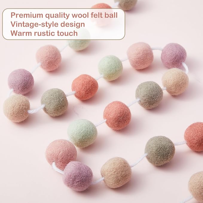 Boao 2 Pieces Wool Felt Ball Garland Colorful Pom Pom Garland Handmade 6.5 Feet Long 24 Balls Felt Banner for Wall Christmas Tree Decoration (Boho Colors)