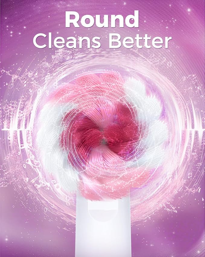 Rotating Electric Toothbrush with 8 Brush Heads for Adults and Kids, 3 Modes Rechargeable Power Toothbrush with 2-Minute Smart Timer, 45-Day Battery, Pink