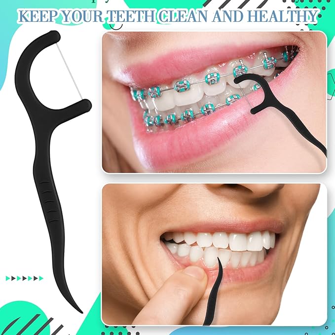 Baderke 200 Count Floss Picks Bulk Non Breakable Tooth Picks Flosser Dental Floss Sticks for Adults Teeth Cleaning Dental Flossers for Family Pack Travel(Black)