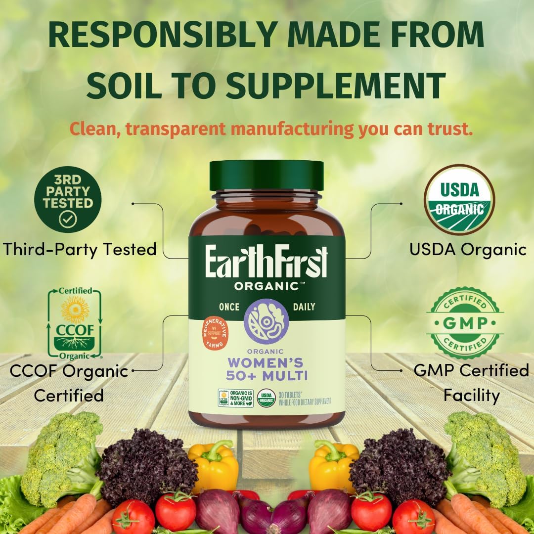 EarthFirst Organic Once Daily Multivitamin for Women 50+, Supports Bone Strength, Energy, and Heart Health, 30 Count