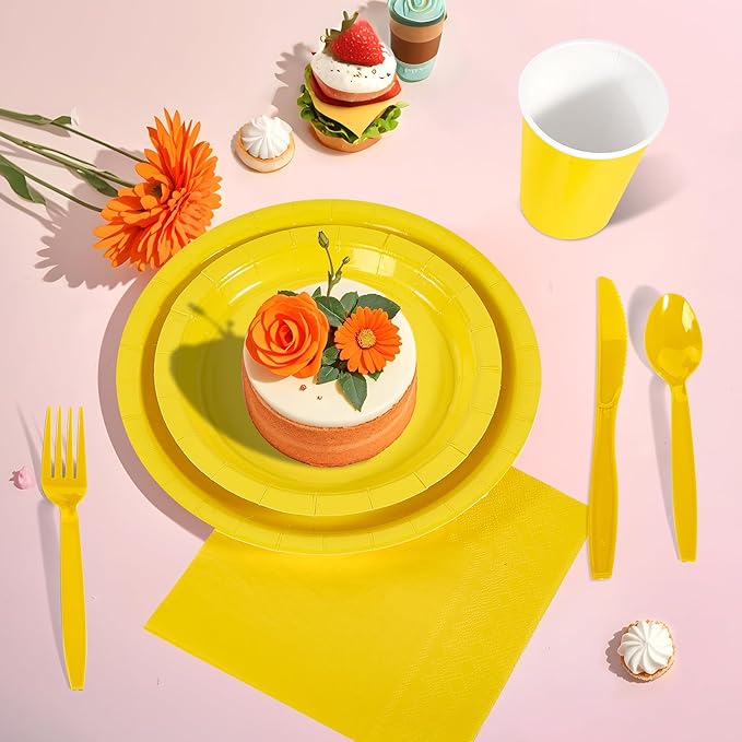 Ottin Yellow Party Supplies for 24 Guests 169PCS Disposable Paper Plates and Napkins Set with Cups, Forks, Knives, Spoons & Tablecloth – for Birthday Wedding Halloween Thanksgiving Christmas New Year
