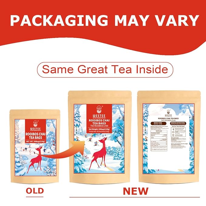 WT WEETEE Rooibos Chai Tea Bags, South African Red Tea with Cinnamon, Cloves, Cardamom, Natural Caffeine-free Herbal Tea, 50 Counts Spiced Rooibos Tea