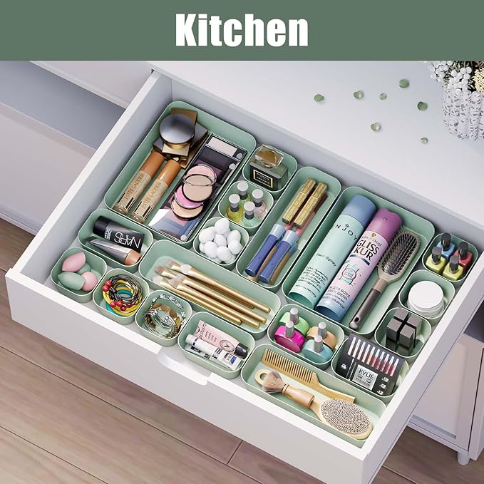 Plastic Drawer Organizers, 10 PCS Drawer Organizer Bins, Bathroom and Vanity Organizer Plastic Tray, Makeup organizer and storage for Makeup, Bedroom, Kitchen Gadgets Utensils and Office (Green)