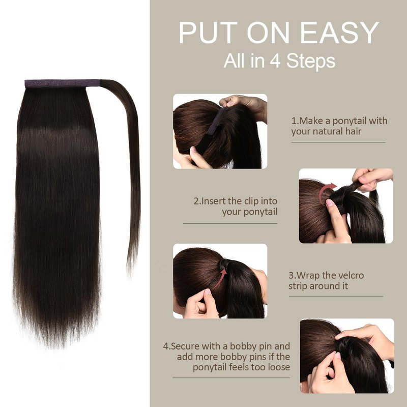 JIAMEISI Ponytail Extension Human Hair Wrap Around Clip in Hair Piece Ponytail Extension Human Hair Straight Ponytail Hair Extensions with Magic Paste 70G 16 Inch #2 Darkest Brown
