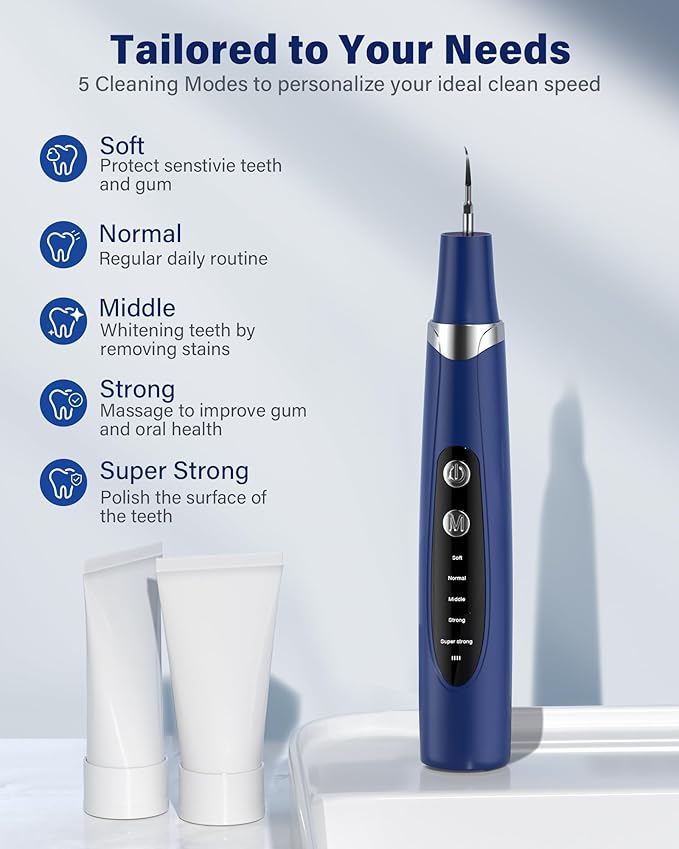 Plaque Remover for Teeth - Tartar Remover for Teeth with LED Light & 5 Modes, Rechargeable Hard Plaque Remover with 2 Replaceable Heads, Ultrasonic Teeth Cleaner Kit for Home Use