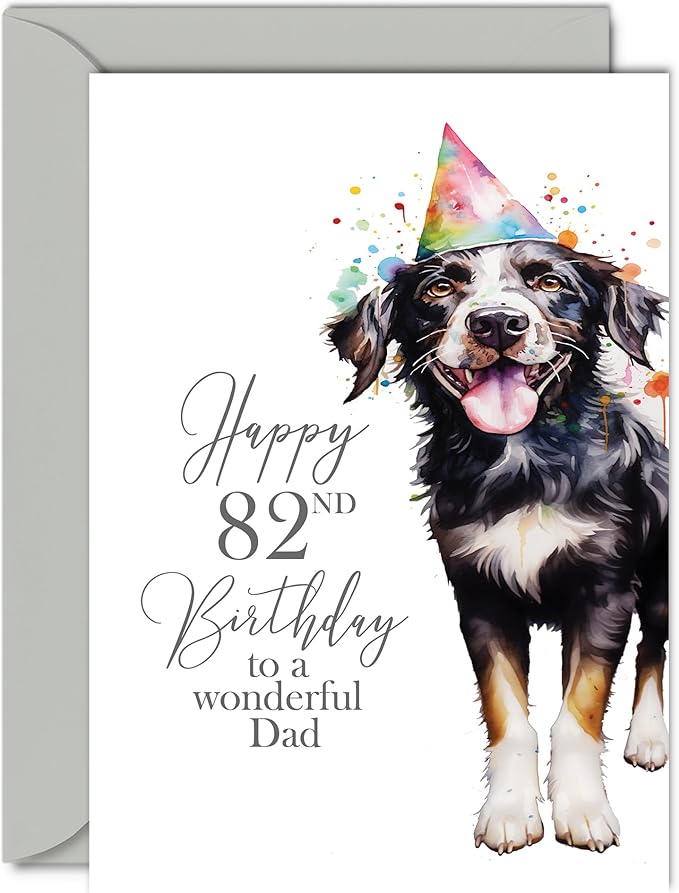 82nd Birthday Cards for Dad - Party Dog - Happy Birthday Card for 82 Year Old Dad from Daughter Son, 5x7 Inch Bday Man Men Him Greeting Cards Gift for Dad Birthday Gifts