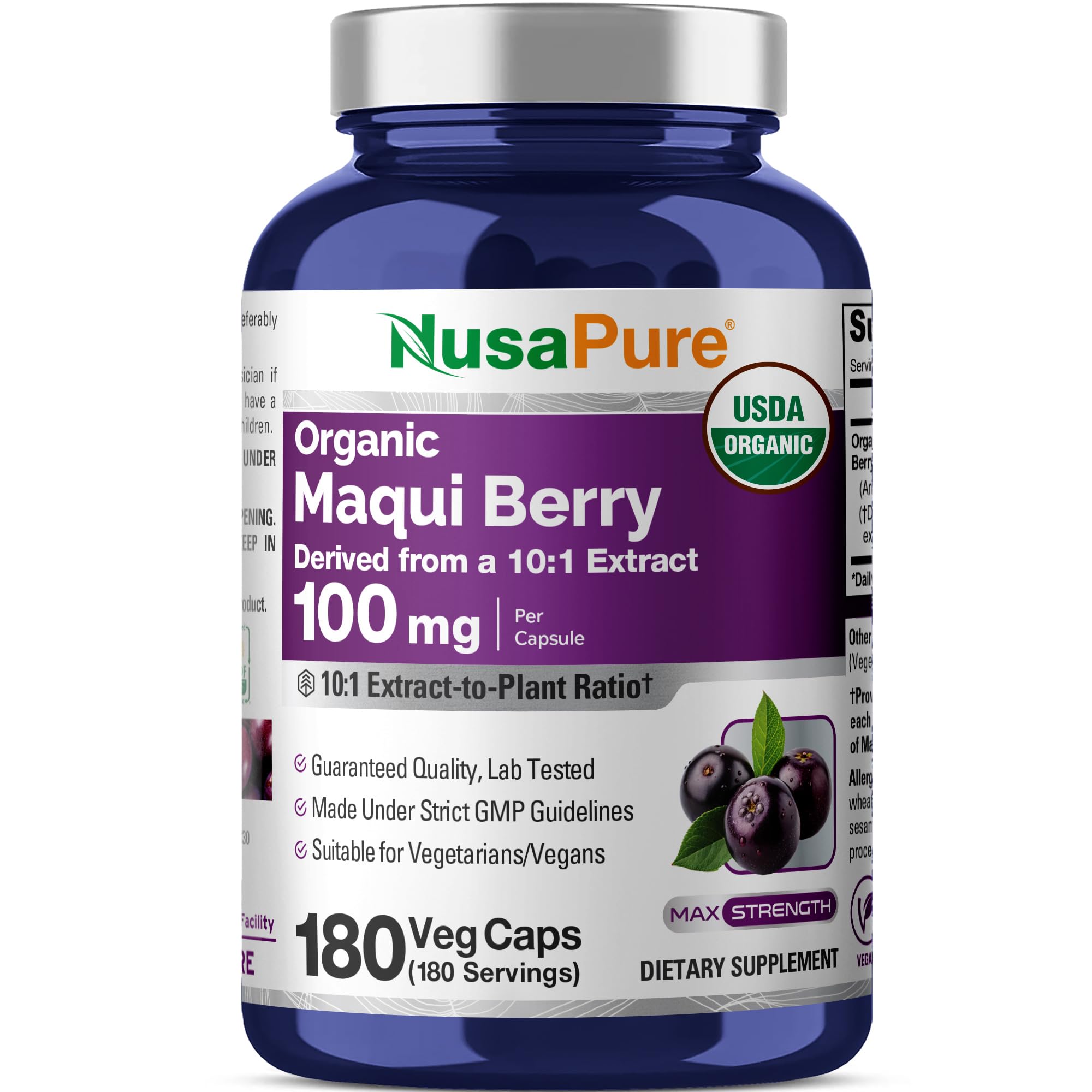 NusaPure Organic Maqui Berry Capsules, 100 mg, 180 Veg Capsules (Non-GMO, USDA, Vegan)
