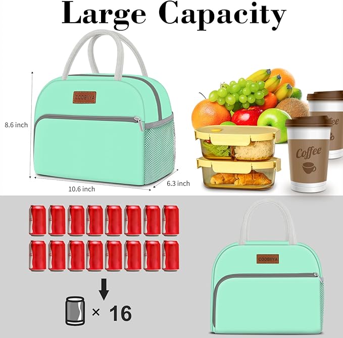 Coobiiya Lunch Bag Women, Lunch Box Bag for Women Adult Men, Small Leakproof Cute Lunch Tote Large Capacity Reusable Insulated Cooler Lunch Container for Work/Office/Picnic/Travel-Green