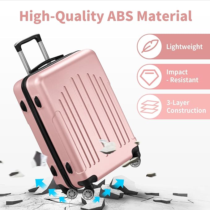 Karl home Luggage Sets 3 Piece, ABS Hardside Suitcase Set with Double Spinner Wheels & TSA Lock for Travel Business, 3-Piece Set (20/24/28), Light Pink