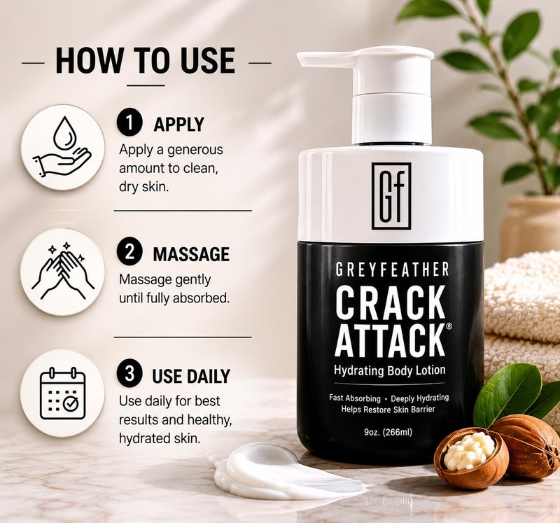 Greyfeather Crack Attack Hydrating Body Lotion for Dry Cracked Skin – Fast Absorbing, Mint Scented, Non-Greasy Moisturizer with Aloe, Shea Butter – Heals Hands, Feet, Elbows, Full Body Repair