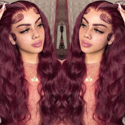 99j Burgundy Lace Front Wigs Human Hair Pre Plucked 13x6 Lace Frontal Human Hair Wigs for Black Women Body Wave Glueless Human Hair Wig 180% Density Pre Plucked Bleached Knots with Baby Hair （20 Inch）